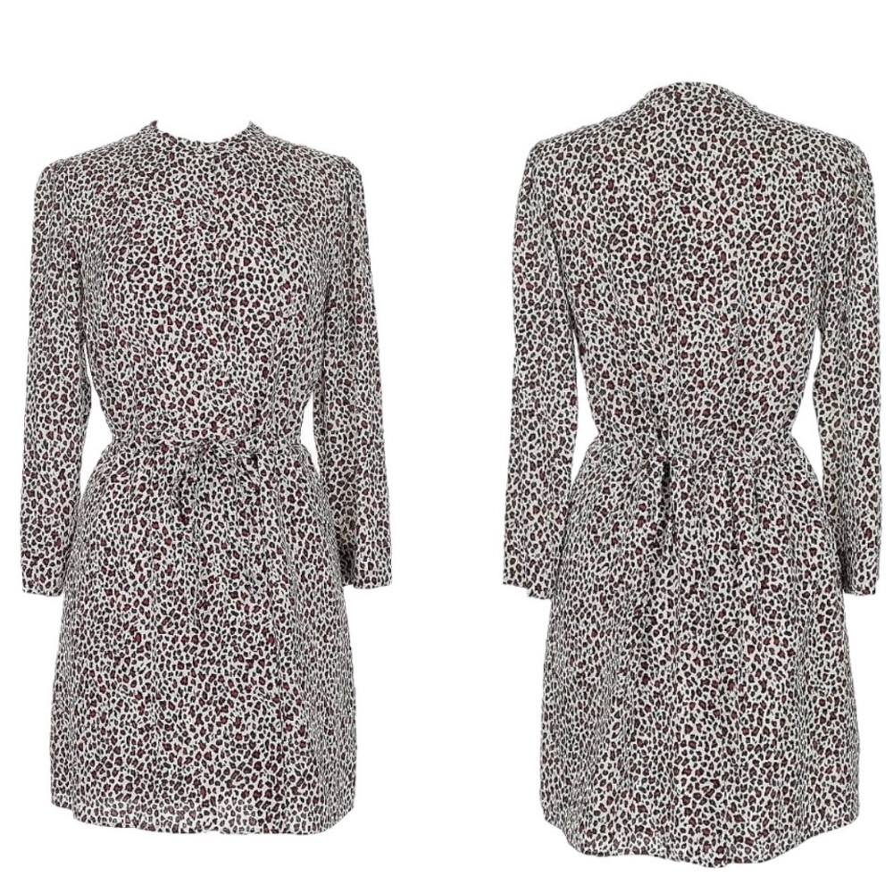 A.L.C. Leopard Animal Print Long Sleeve Short Tie Waist Pleated Dress Size 6